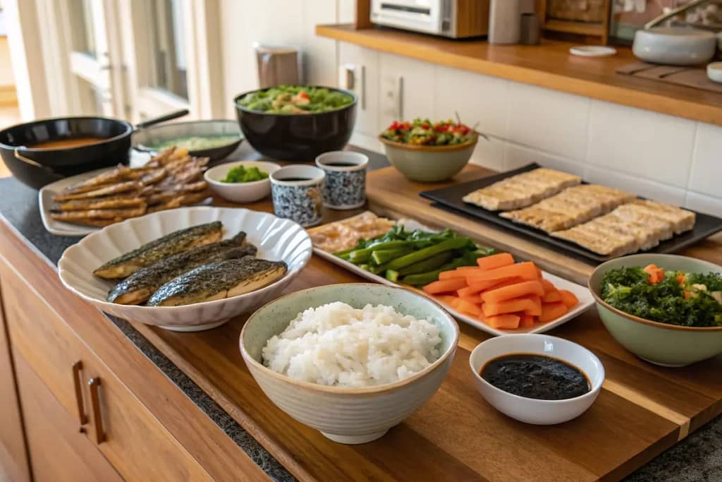 Frequently asked questions about Japanese breakfast recipes, represented by question bubbles and icons of fish, eggs, and rice.