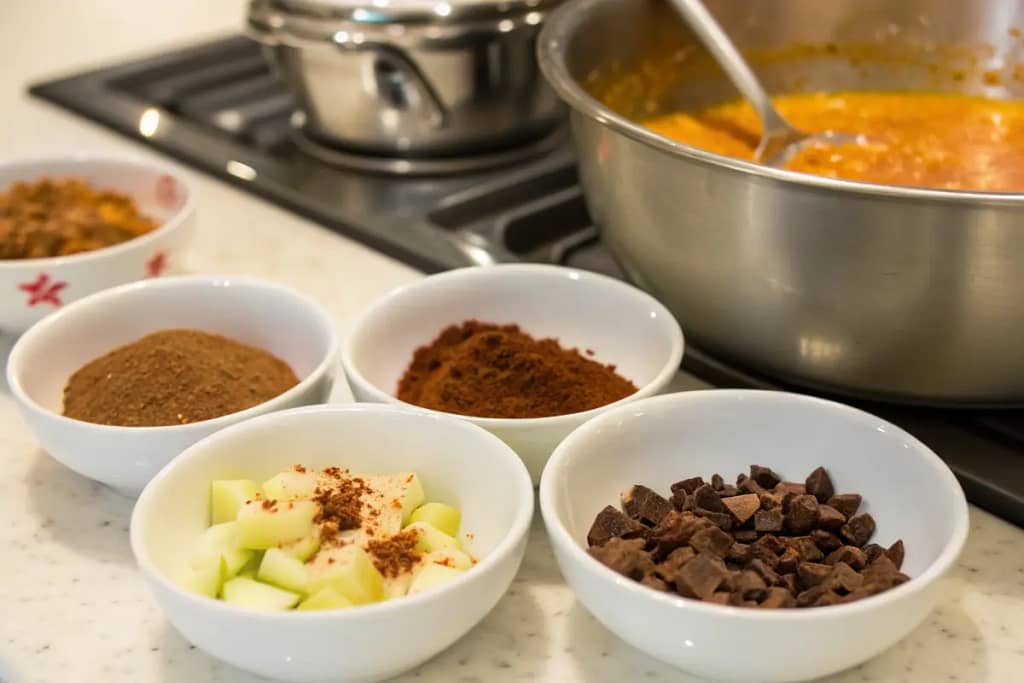  Optional flavor boosters for Japanese chicken curry, including grated apple, coffee, chocolate, and chili flakes, ready for experimentation.