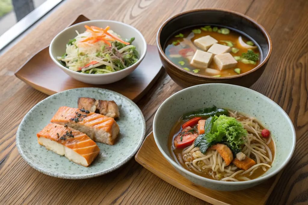  A quartet of healthy Japanese recipes highlighting miso soup, teriyaki salmon, chicken sukiyaki, and soba noodle salad.