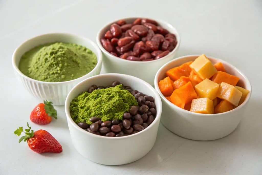 Essential wholesome ingredients—matcha, beans, seasonal produce—used in many healthy Japanese dessert creations.