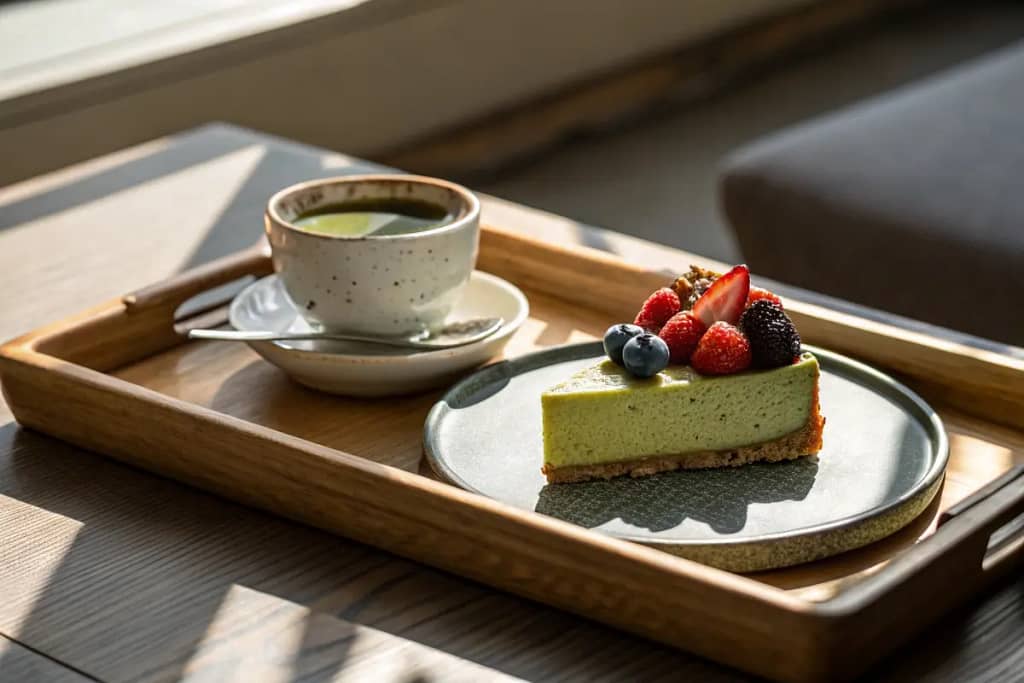  A subtle conclusion scene showcasing a balanced, health-conscious Japanese dessert accompanied by tea, encapsulating the essence of mindful indulgence.