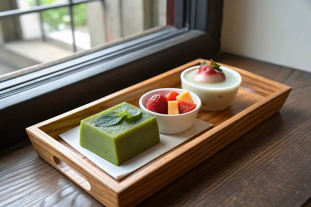  Various healthy Japanese desserts displayed on a rustic tray, highlighting lighter ingredients and subtle flavors.