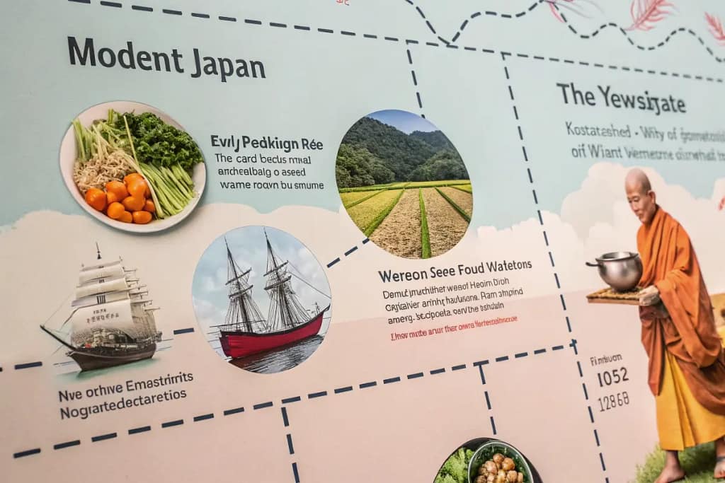  A timeline showing how Japanese cuisine evolved from ancient rice-based diets to modern, globally-influenced healthy cooking.