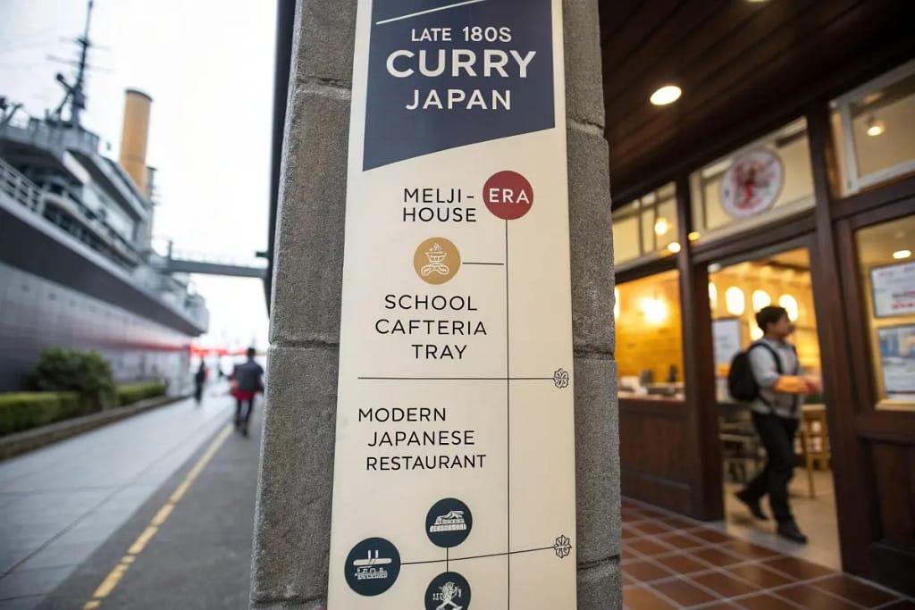  A timeline visually mapping how curry traveled from British influence to become a quintessential part of modern Japanese cuisine.