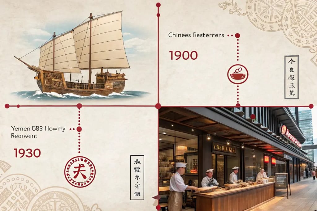  A visual timeline depicting fried rice’s journey from ancient China to modern Japanese hibachi restaurants.