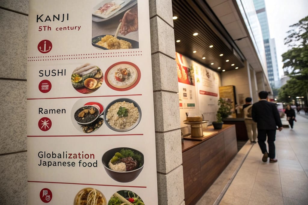 A historical timeline showcasing the integration of kanji into Japanese culinary terminology, highlighting major milestones in the evolution of Japanese cuisine.