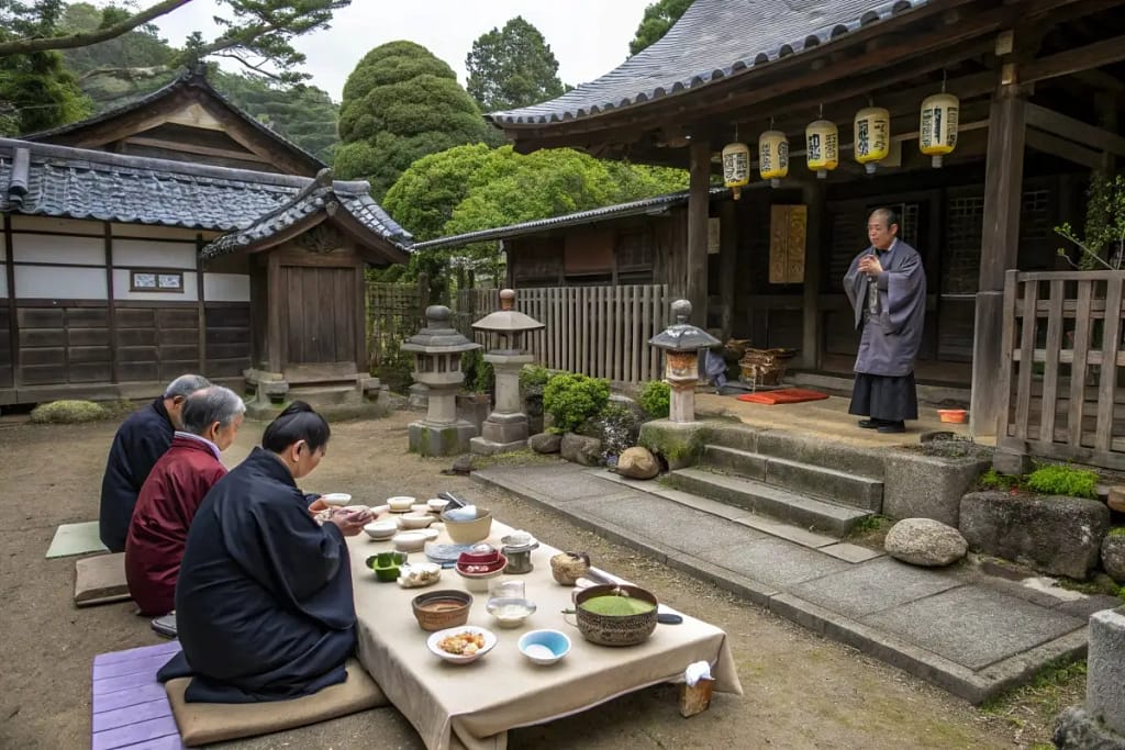  A historical scene of villagers celebrating a Shinto harvest festival with communal foods and ceremonial offerings.