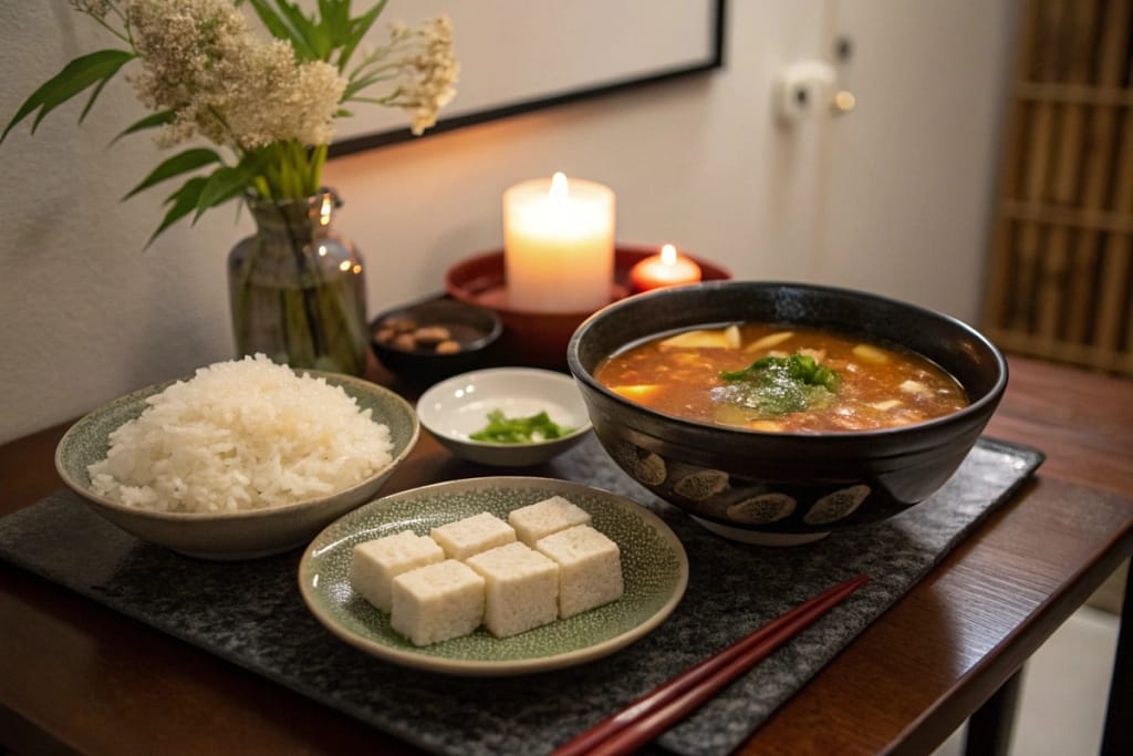 A tranquil final setting showcasing hot white Japanese dishes—steamed rice, tofu soup, and mochi—symbolizing comfort, warmth, and elegance.