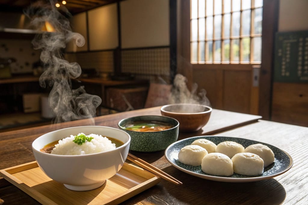 Steamy, comforting white foods—hot rice, miso soup, and mochi—laid out in a humble Japanese kitchen, capturing the essence of comforting meals.