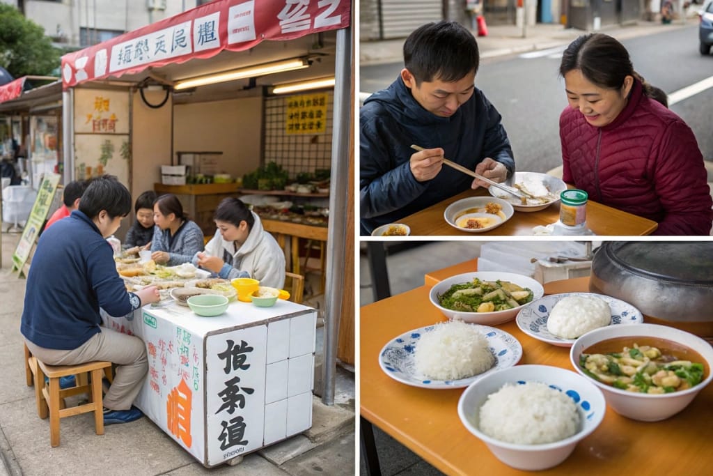 Four real-life scenarios showing how hot white Japanese dishes feature in home dinners, street snacks, healthy lunches, and communal celebrations.