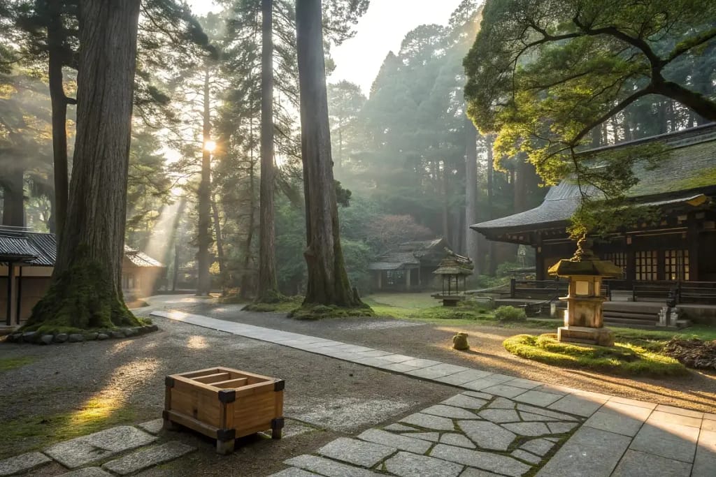 A tranquil Shinto shrine courtyard conveying the deep-rooted connection between spiritual beliefs and daily customs, including food choices.