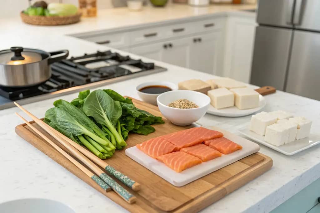  Introduction to a variety of nutritious Japanese ingredients ready for cooking in a modern kitchen.