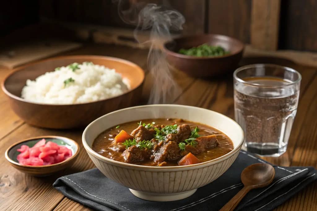 A welcoming spread showcasing a bowl of Japanese beef curry and steaming rice, emphasizing its homey, comforting appeal.