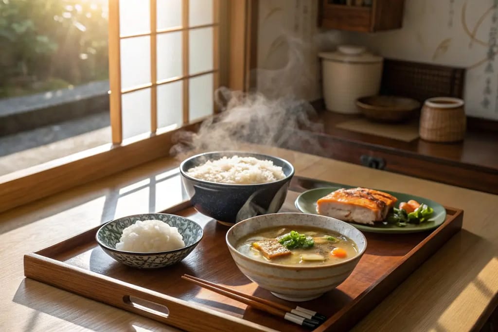 A warm Japanese breakfast spread featuring grilled salmon, miso soup, rice, and pickled veggies on a wooden table.