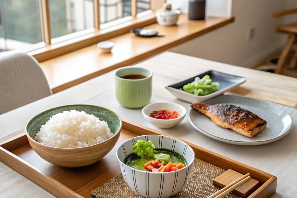 Introduction to a typical Japanese breakfast, including rice, fish, miso soup, and pickles.