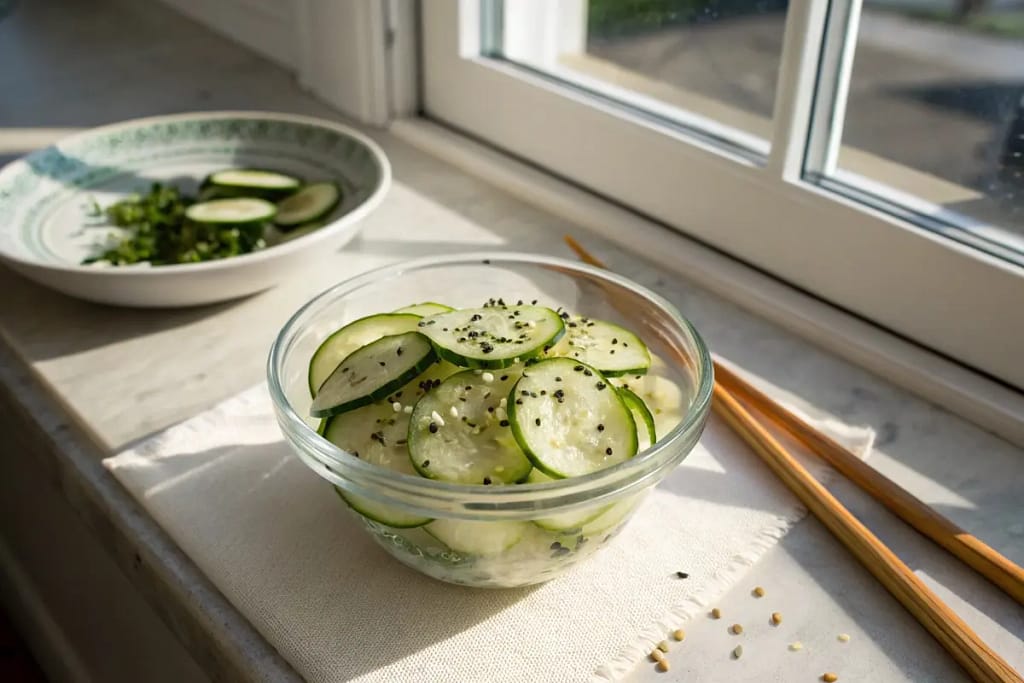  Introduction to a simple Japanese cucumber salad (sunomono) with a tangy dressing, highlighting its fresh and minimalistic appeal.