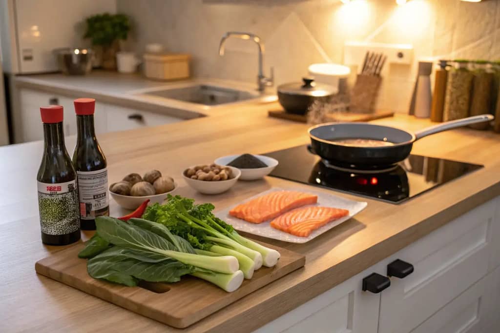 A cozy kitchen scene introducing the concept of Japanese recipes, with fresh ingredients and cookware on display.