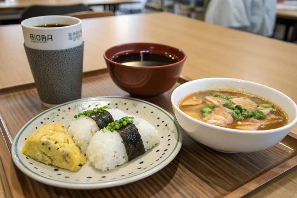 Two contrasting Japanese breakfast styles: a quick convenience store onigiri with coffee vs. a lavish ryokan-inspired meal.