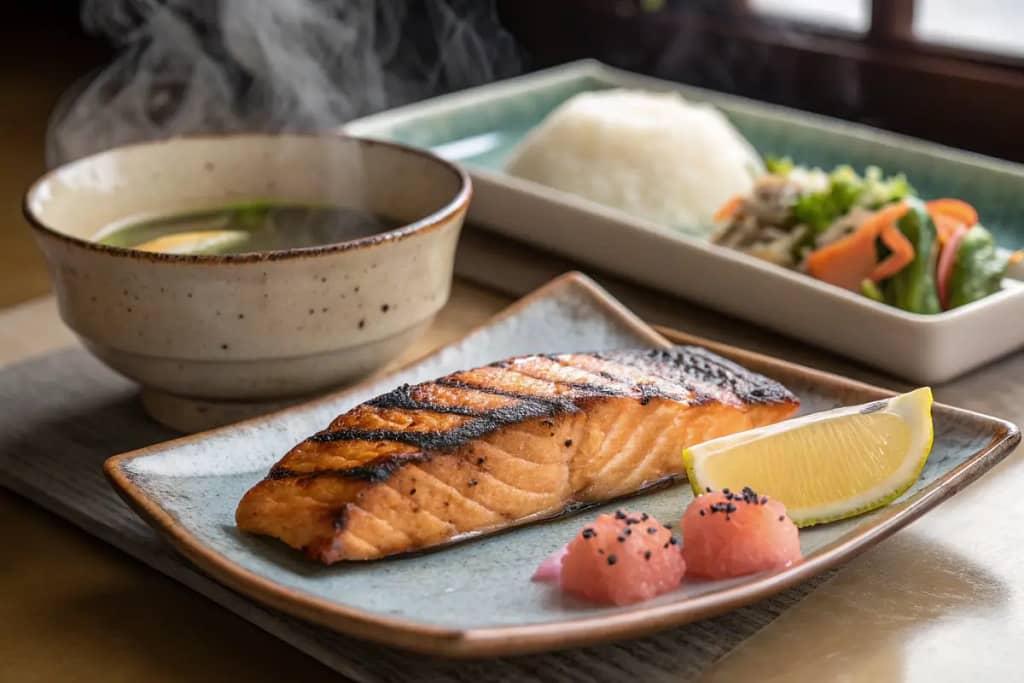 Grilled salmon fillet served with lemon and grated daikon, set alongside miso soup and pickled veggies for a classic Japanese breakfast.