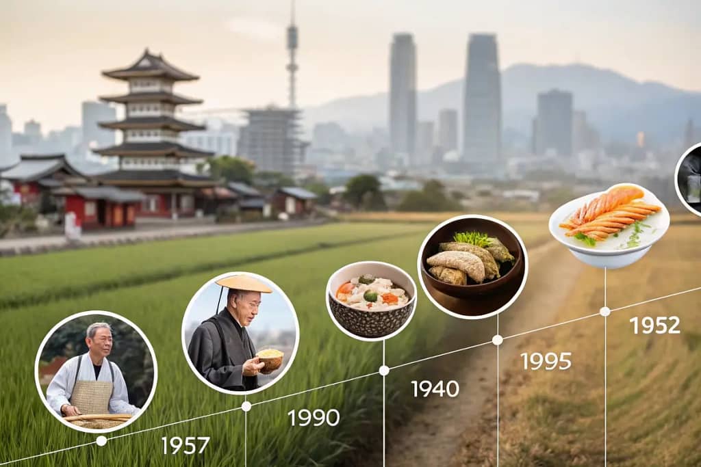 A visual timeline showing the evolution of Japanese breakfast from ancient times to modern-day influences, including Buddhism and Westernization.