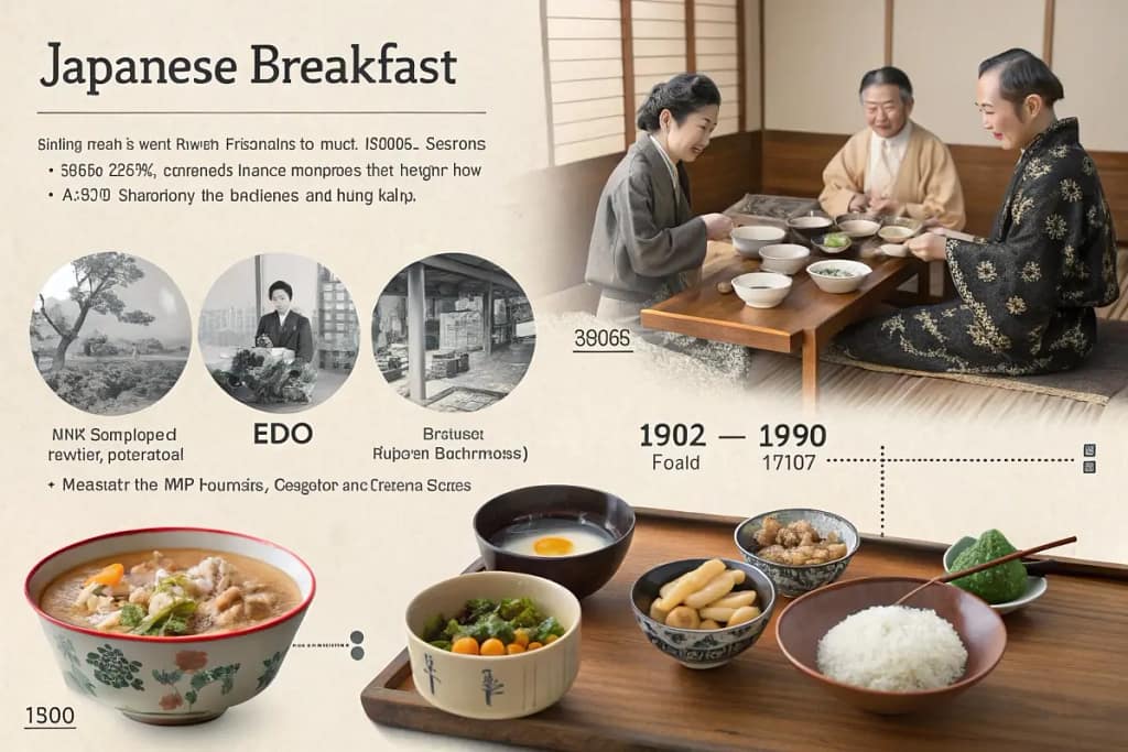 Illustrated timeline of how Japanese breakfast has evolved through the Edo, Meiji, and modern eras,