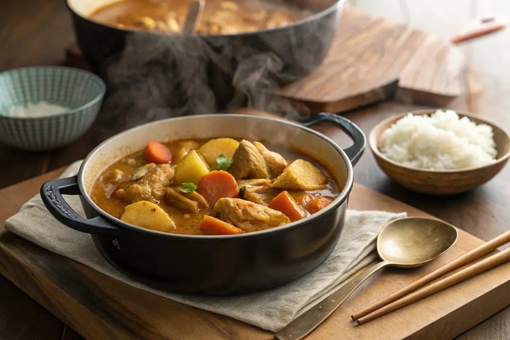  A warm introduction to Japanese chicken curry, showcasing tender chicken, vegetables, and a thick golden-brown sauce.