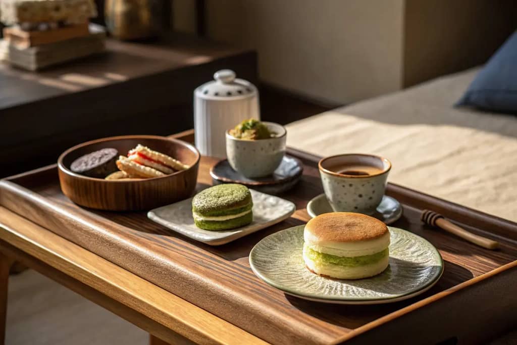 An enticing arrangement of iconic Japanese desserts, highlighting their diverse forms, mild sweetness, and pleasing aesthetics.