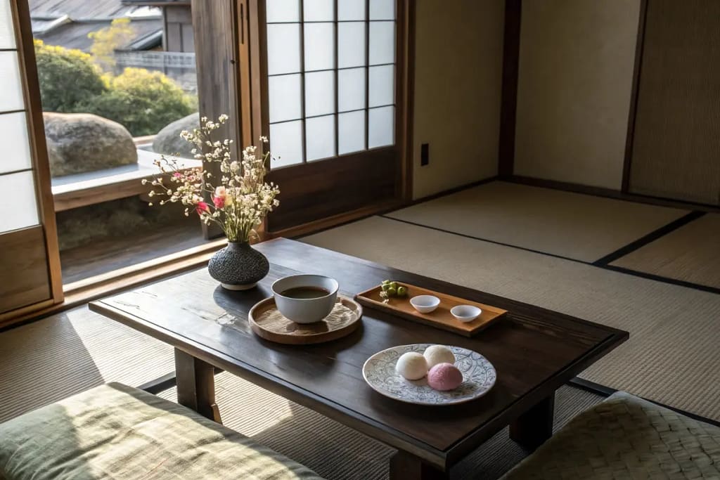  A calm, reflective scene suggesting how Japanese desserts elegantly conclude the culinary experience.