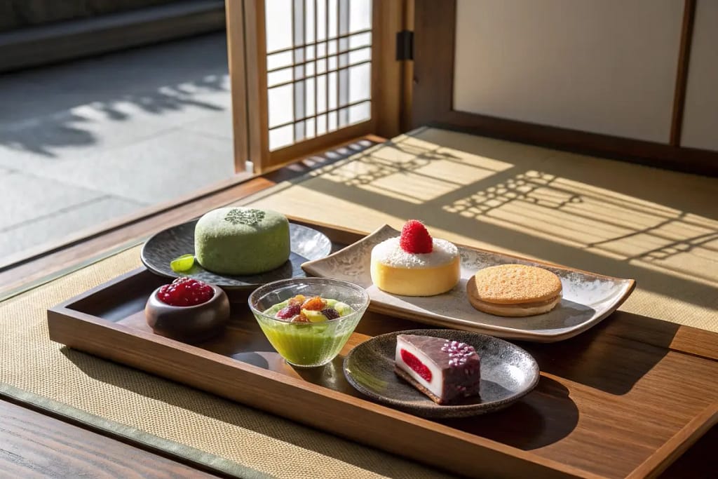 A colorful spread of iconic Japanese desserts, featuring mochi, dorayaki, and a fruit-laden jelly cup.