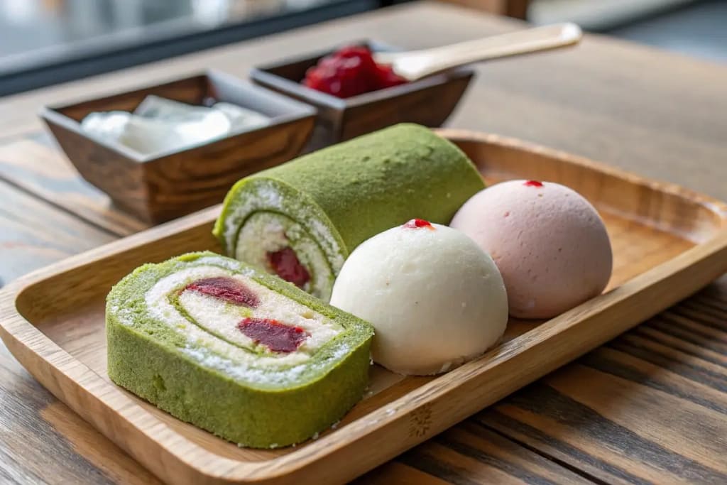  A welcoming assortment of Japanese desserts featuring mochi, dorayaki, and matcha cake, symbolizing the richness of Japan’s sweet traditions.