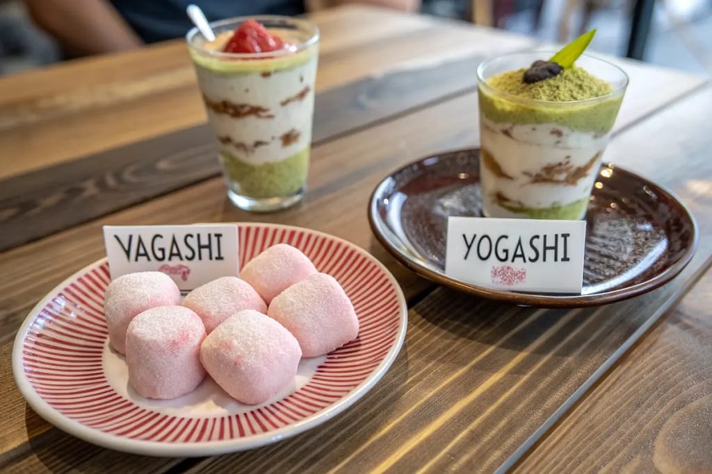 Contrasting classic wagashi with a modern, Western-influenced green tea tiramisu, illustrating Japan’s broad dessert spectrum.