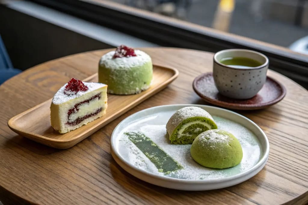 An array of classic and modern Japanese desserts arranged on a wooden table, showcasing their diverse appearances and flavors.