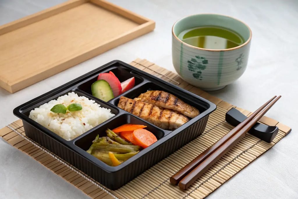  A traditional bento box showcasing portion control and variety, key aspects of the Japanese diet plan approach.