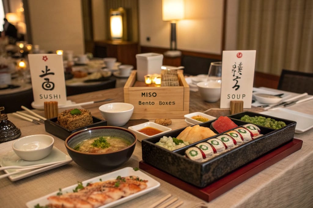 A beautifully arranged Japanese dining table with handwritten kanji characters for food, showcasing a harmonious and culturally rich meal setting.