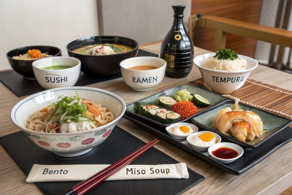 Japanese dishes labeled with their respective kanji characters, showcasing the integration of language and cuisine in a traditional setting.