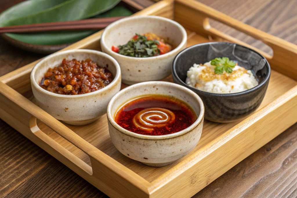 An assortment of Japan’s quintessential fermented foods—miso varieties, natto, and soy sauce—presented in small bowls for a visual feast.