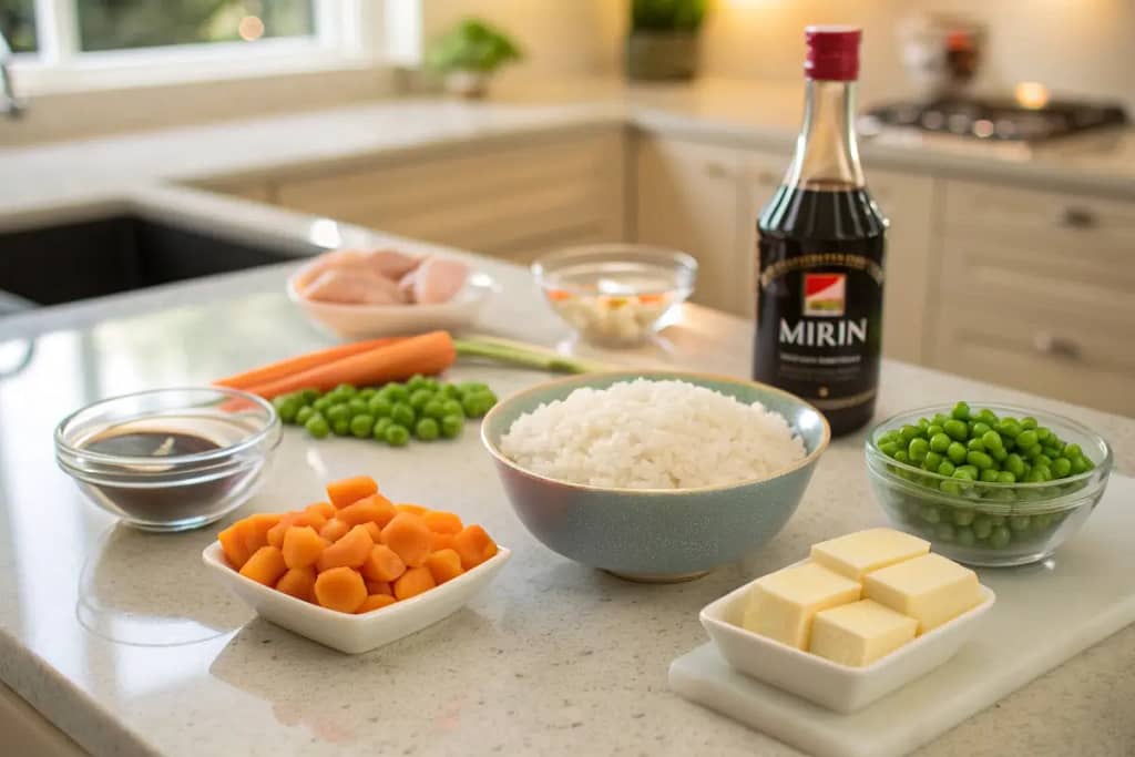  Essential ingredients for Japanese fried rice, including short-grain rice, fresh veggies, soy sauce, mirin, and protein.