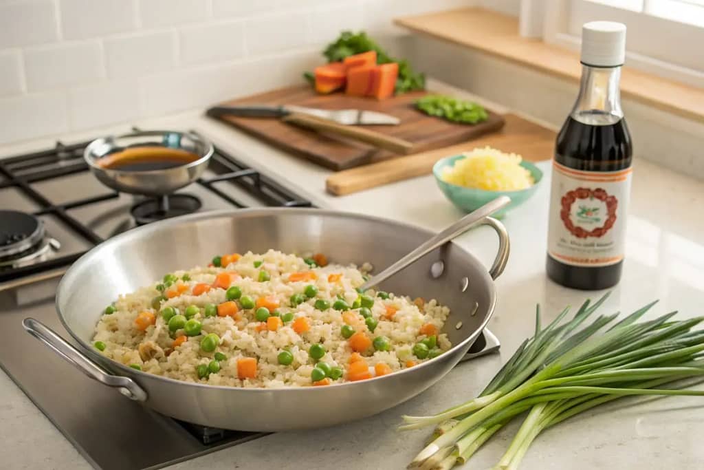  Japanese fried rice ingredients and cooking essentials on a modern stovetop.