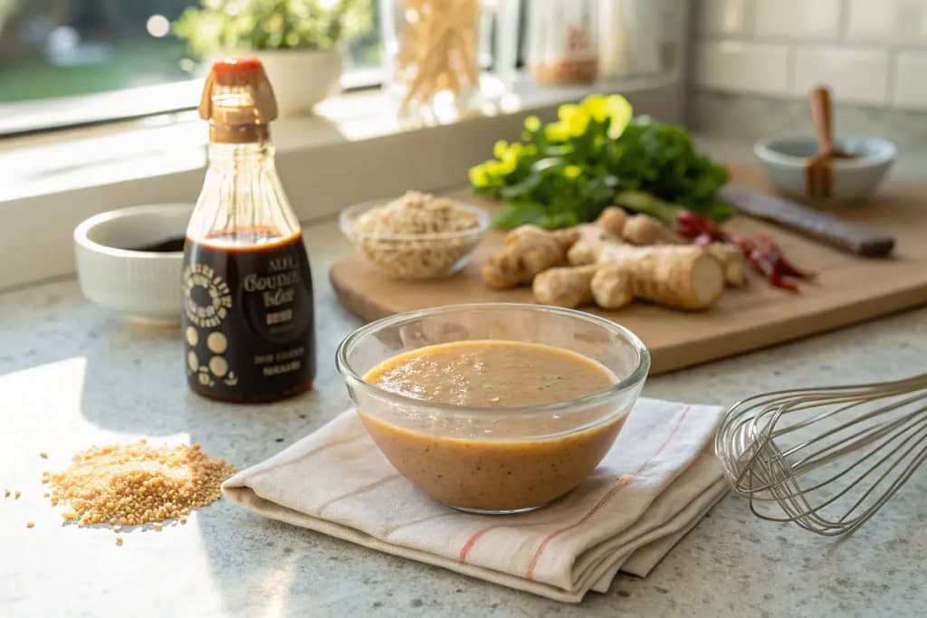 . Introduction to a Japanese ginger dressing, highlighting fresh ginger and common pantry staples like soy sauce, rice vinegar, and sesame seeds.