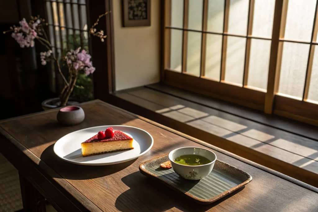  A tranquil parting image showcasing the harmonious pairing of a fruit-laden Japanese jelly dessert and matcha, underscoring the refined beauty of these sweets.