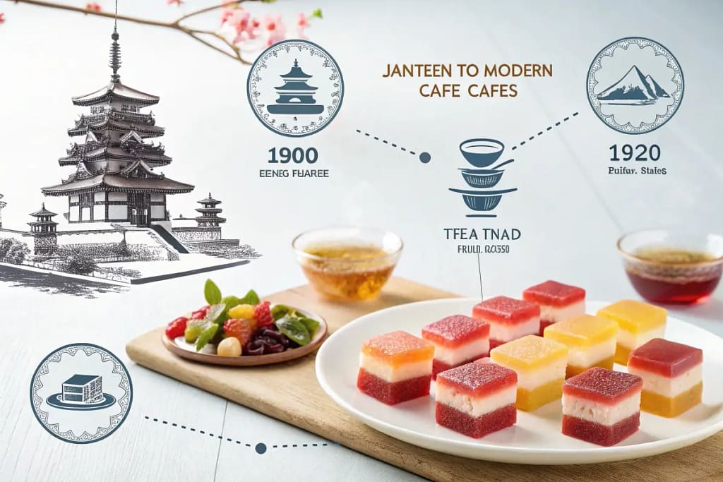 A compact visual map of Japanese jelly desserts’ journey—from Edo-era agar discoveries to trendy layered jellies in modern patisseries.