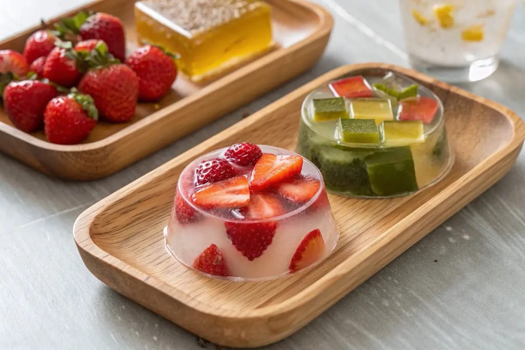  A vibrant set of Japanese jelly desserts showcasing fruit-infused kanten, mizu yokan, and matcha jelly.