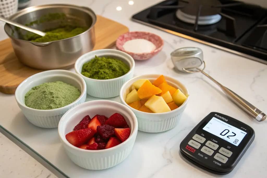 A typical setup for making Japanese jelly desserts: kanten (agar), matcha, sweet bean paste, and fruit, arranged for precise measurement and mixing.