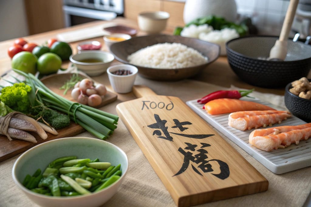 Traditional Japanese kitchen displaying fresh ingredients and the handwritten kanji for food, emphasizing the cultural connection to Japanese cuisine.