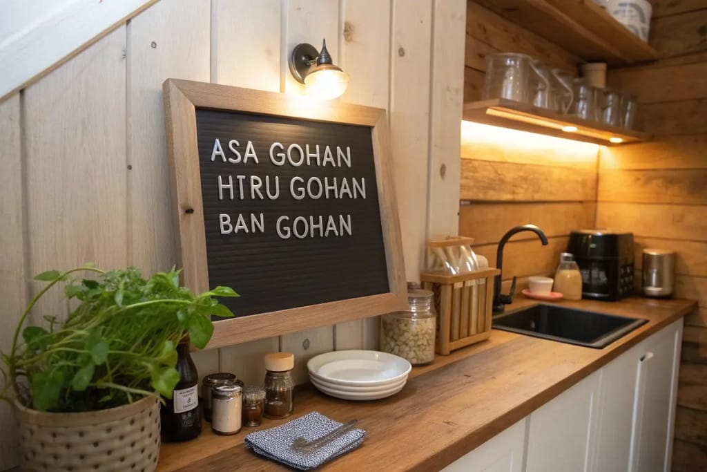 A chalkboard comparing Japanese meal terms—asa gohan, hiru gohan, ban gohan—set against a warm kitchen backdrop.