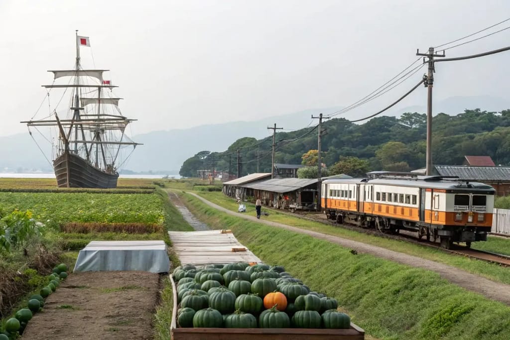 A visual timeline displaying how Japanese pumpkin (kabocha) came to Japan, evolved in local farming, and integrated into modern cuisine.