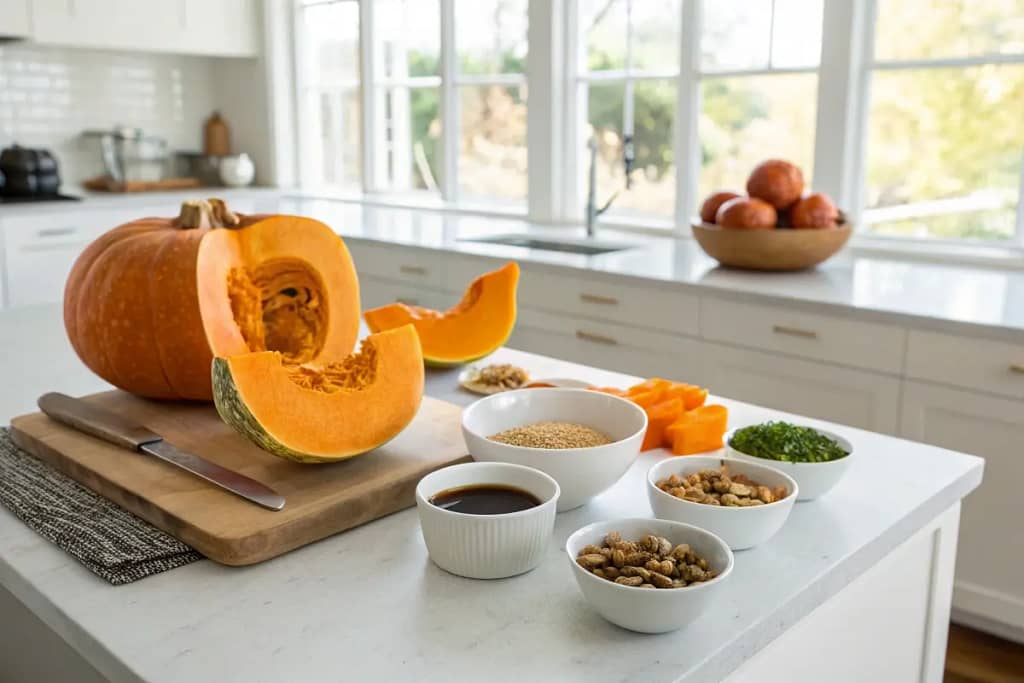 A small cutting board and chef’s knife rest nearby. Introduction to Japanese pumpkin (kabocha) with fresh wedges and seasonings in a modern kitchen setting.