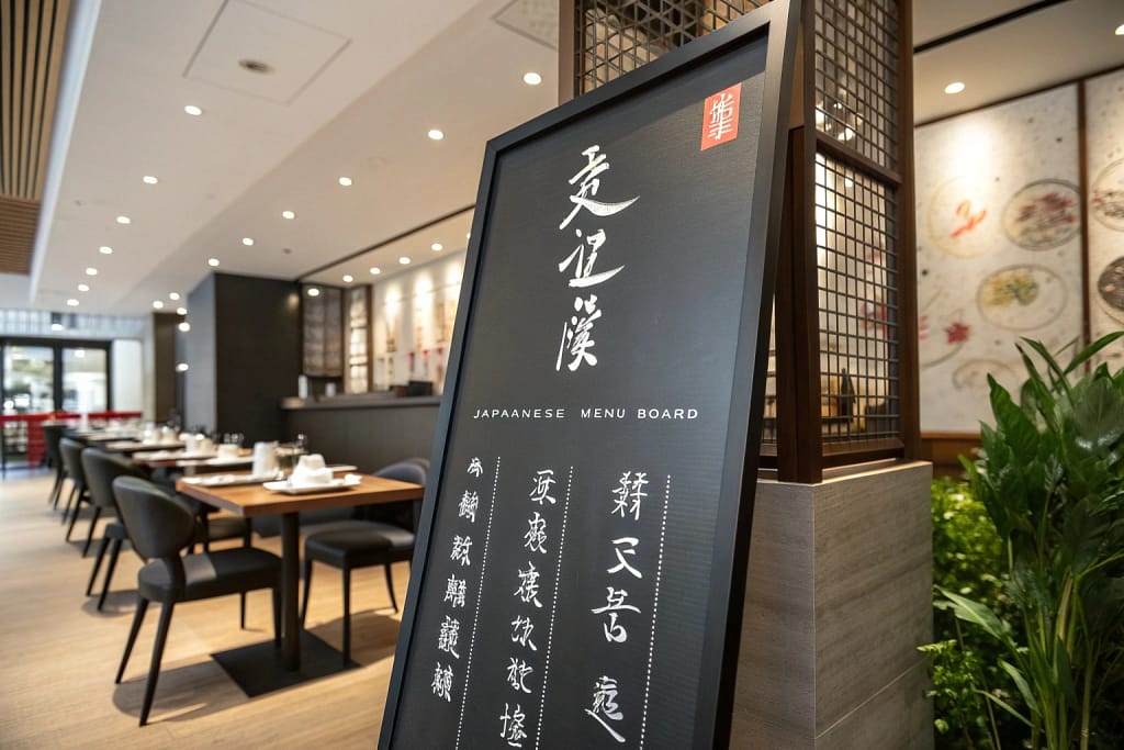 Modern Japanese restaurant menu featuring kanji characters for various dishes, with English translations, showcasing the fusion of tradition and contemporary dining.