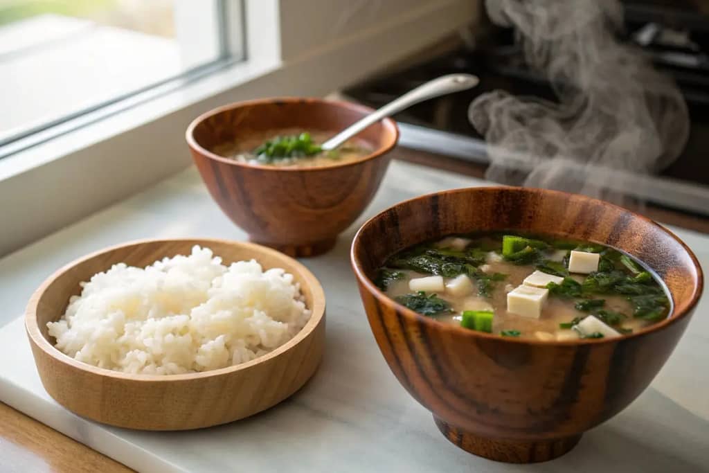 Steamed rice and miso soup, core elements of a Japanese breakfast.