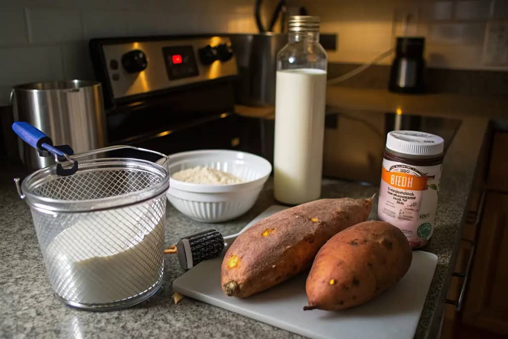 Essential ingredients and tools for crafting Japanese sweet potato desserts, from sieving mashed tubers to torching sugary toppings.